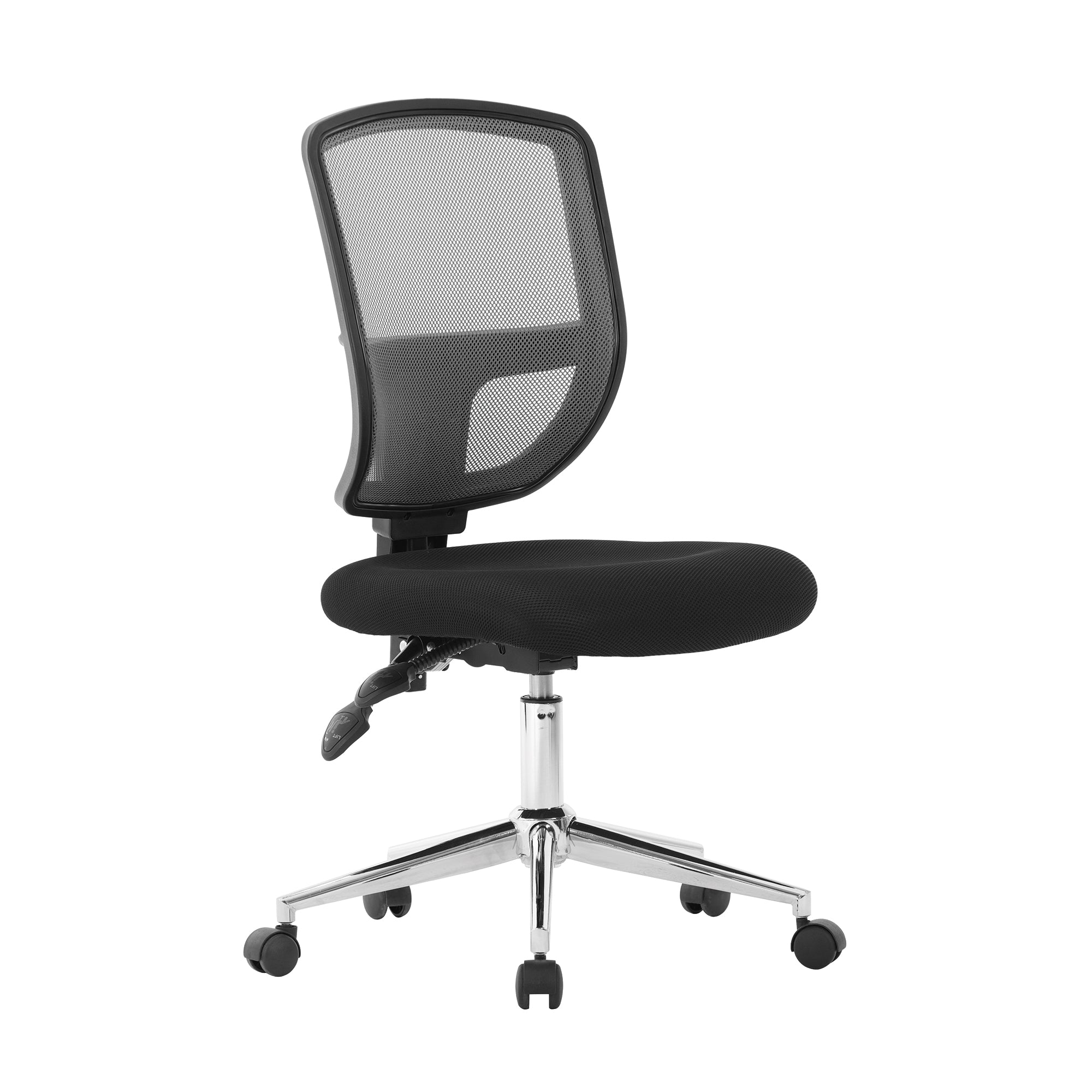Black office chair with mesh backrest on a white background