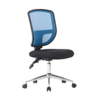 Black and blue office chair with mesh back on a white background