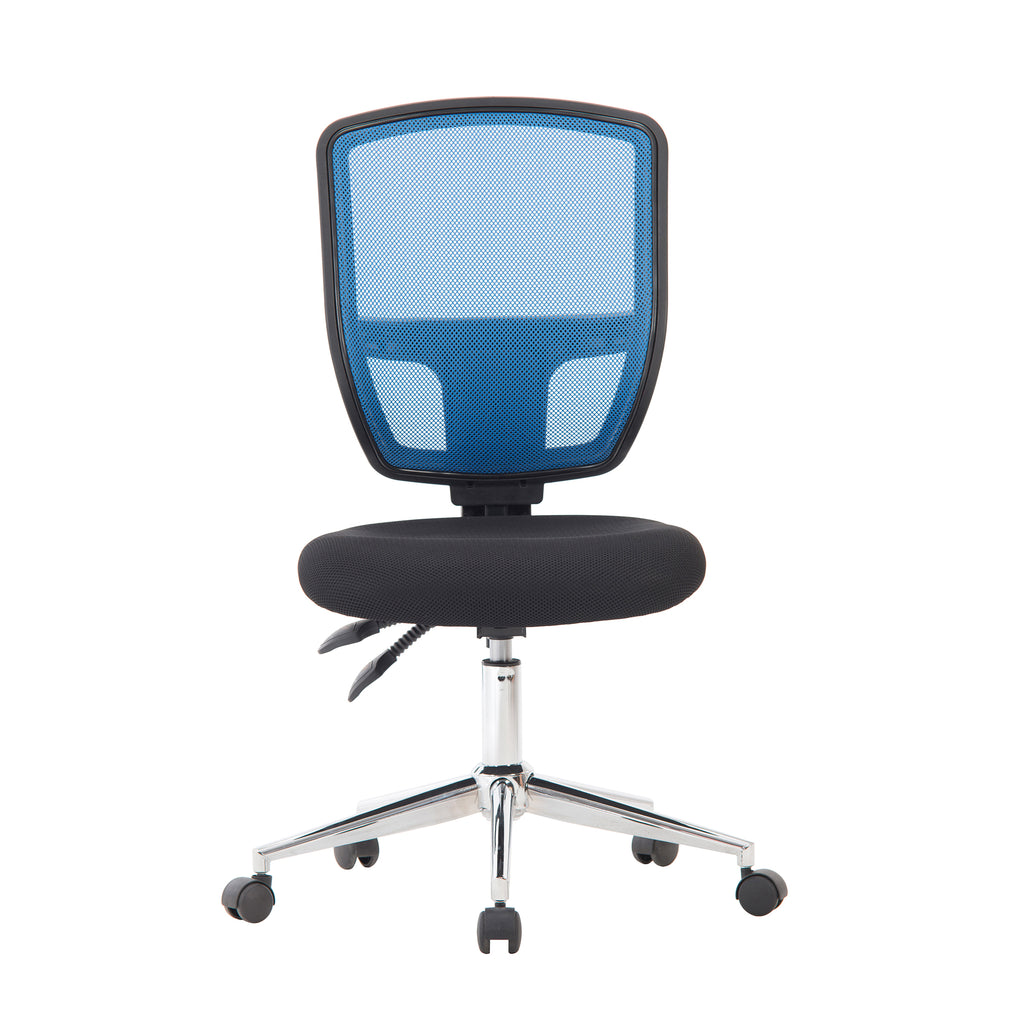 Black and blue office chair with mesh back on a white background