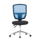 Black and blue office chair with mesh back on a white background