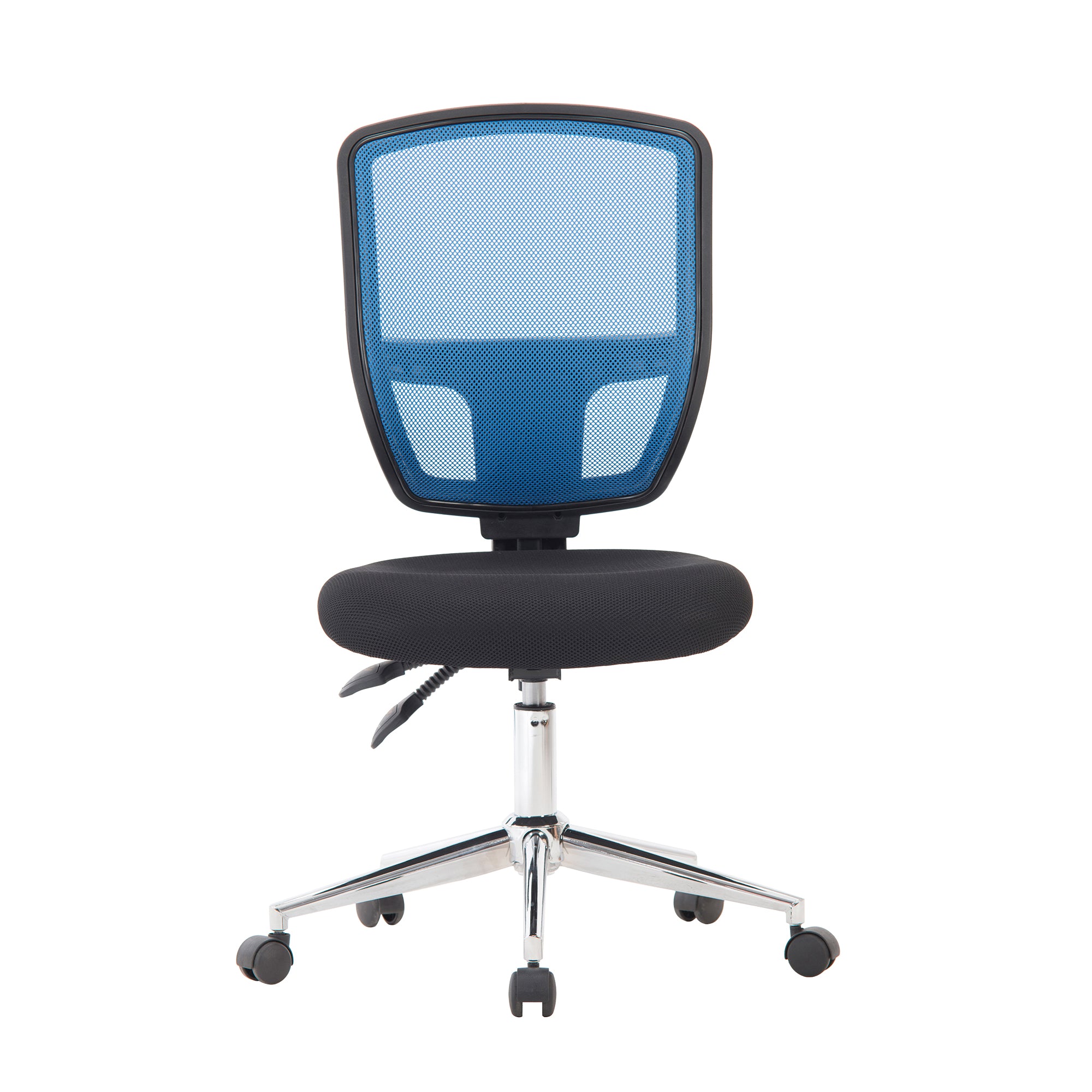 Black and blue office chair with mesh back on a white background