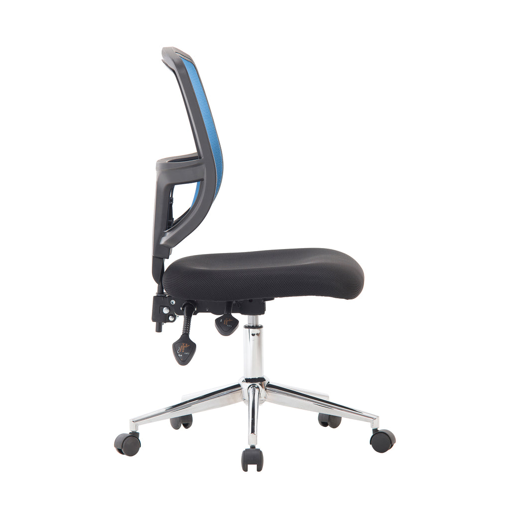 Black and blue office chair with mesh back on a white background