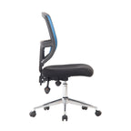 Black and blue office chair with mesh back on a white background