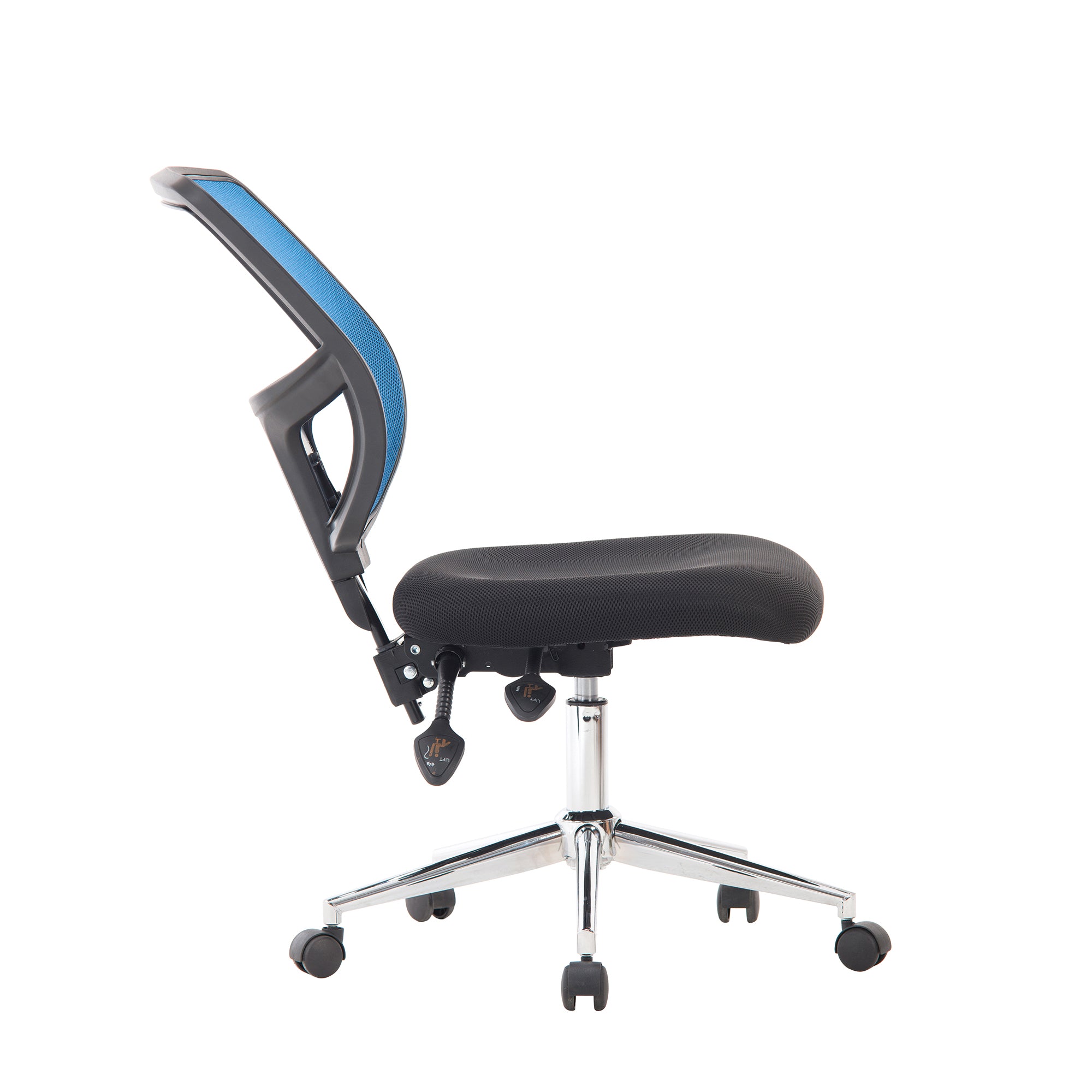 Black and blue office chair with mesh back on a white background