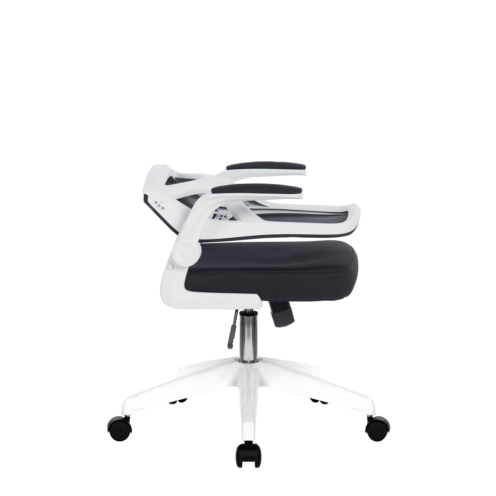 White office chair with black seat on a white background