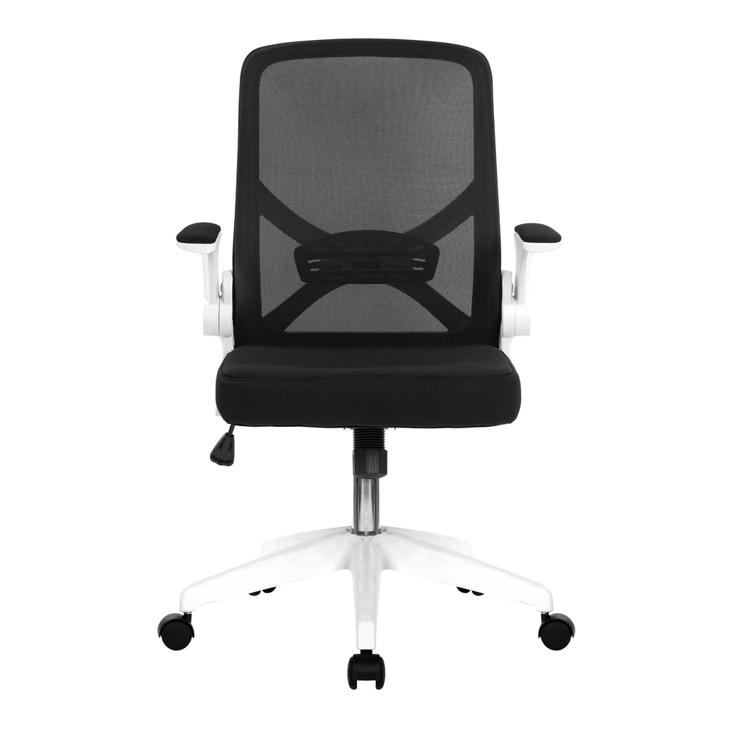 Black office chair with mesh backrest on a white background