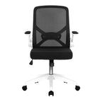 Black office chair with mesh backrest on a white background