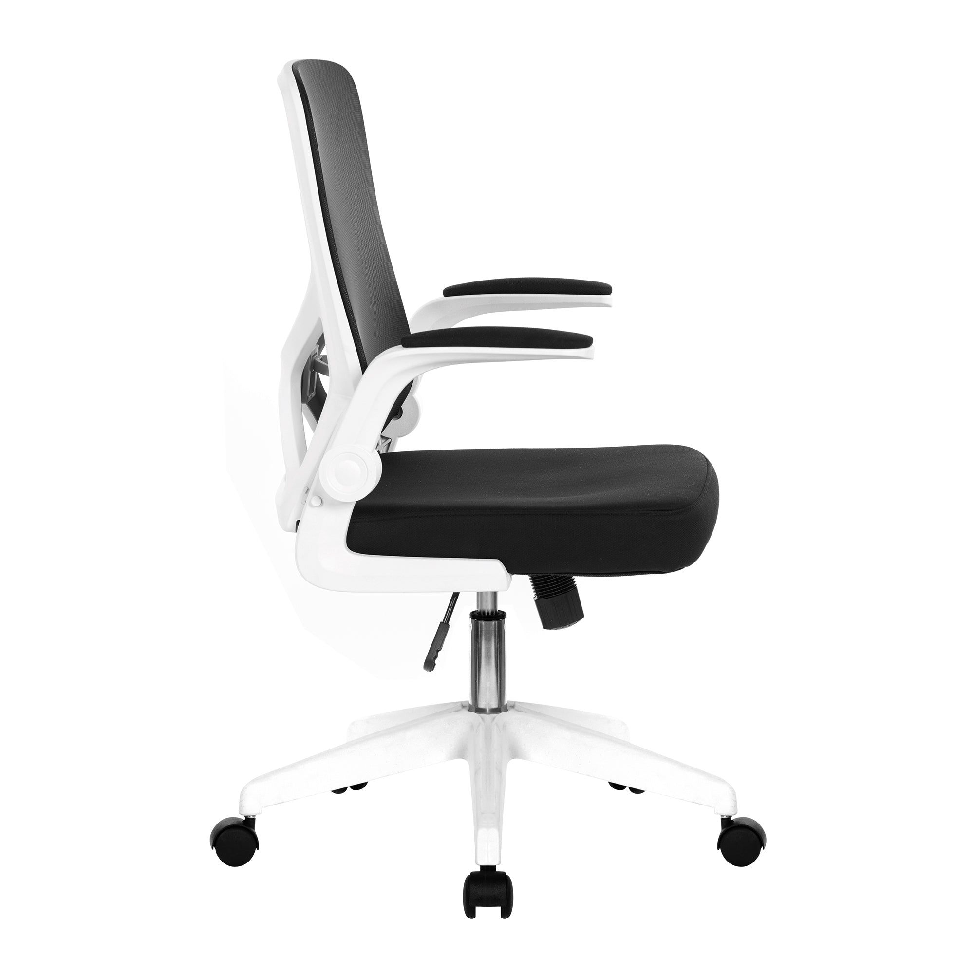 Black office chair with white frame on a white background