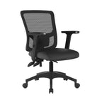 Black office chair with mesh back on a white background