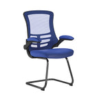 Blue office chair with mesh back on a white background