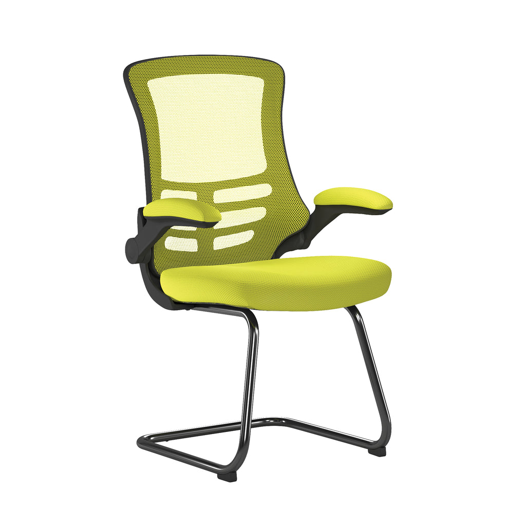 Green office chair with mesh back and black frame on a white background