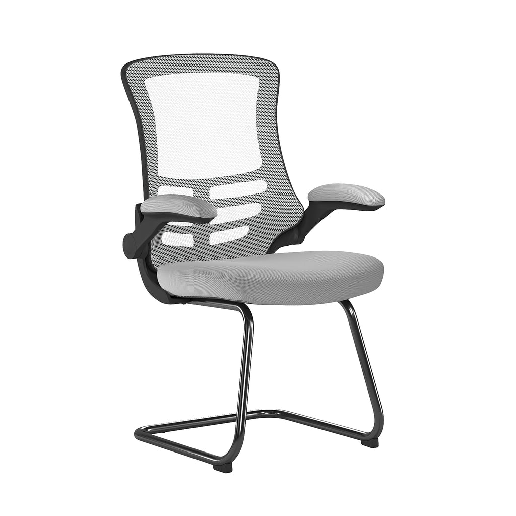 Grey office chair with mesh back and black frame on a white background
