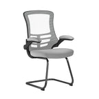 Grey office chair with mesh back and black frame on a white background