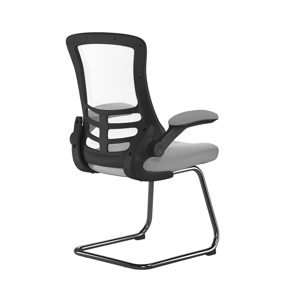 Grey office chair with mesh backrest on a white background