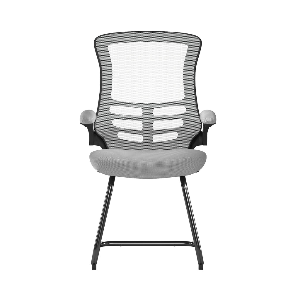 Grey office chair with mesh backrest on a white background