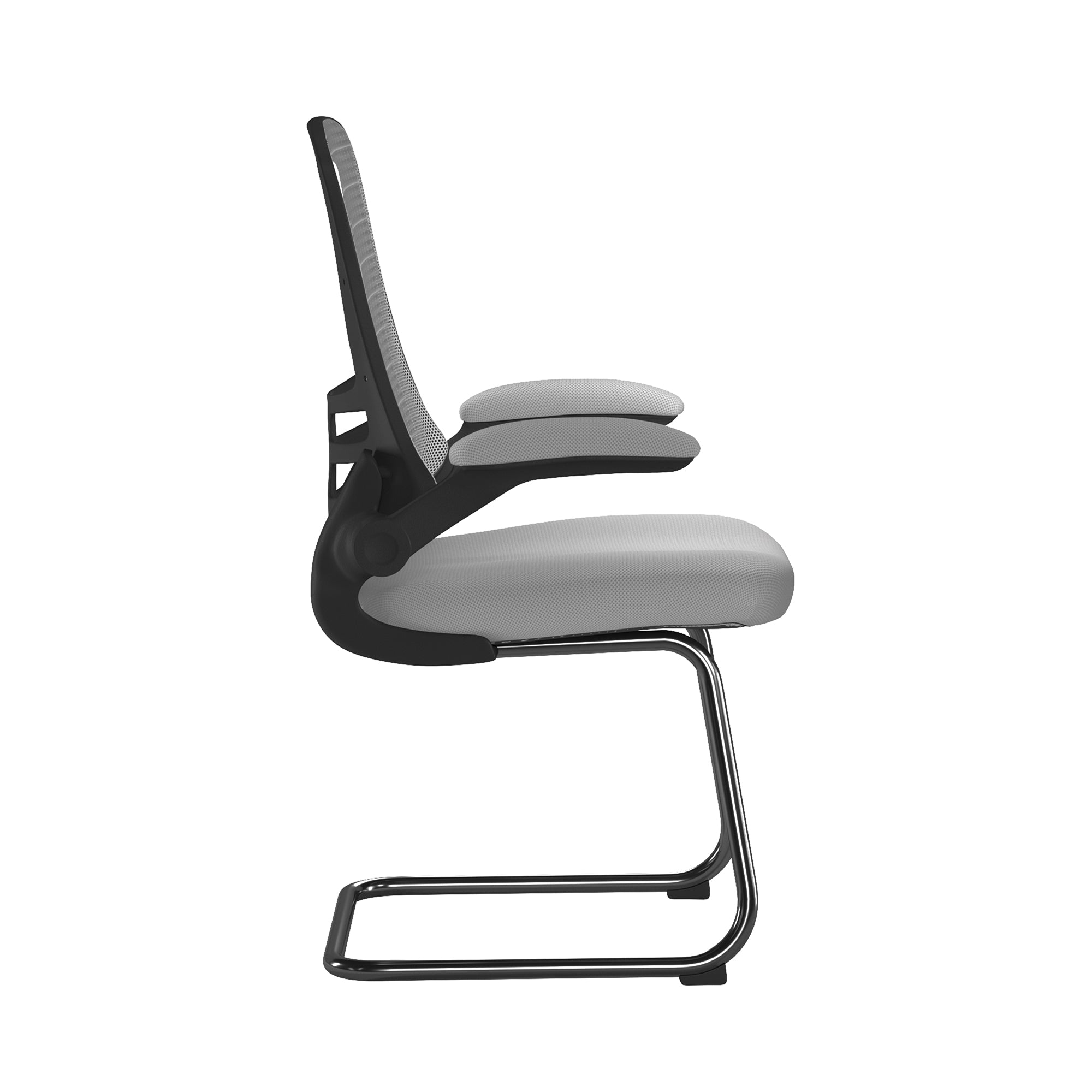 Grey office chair with mesh backrest on a white background