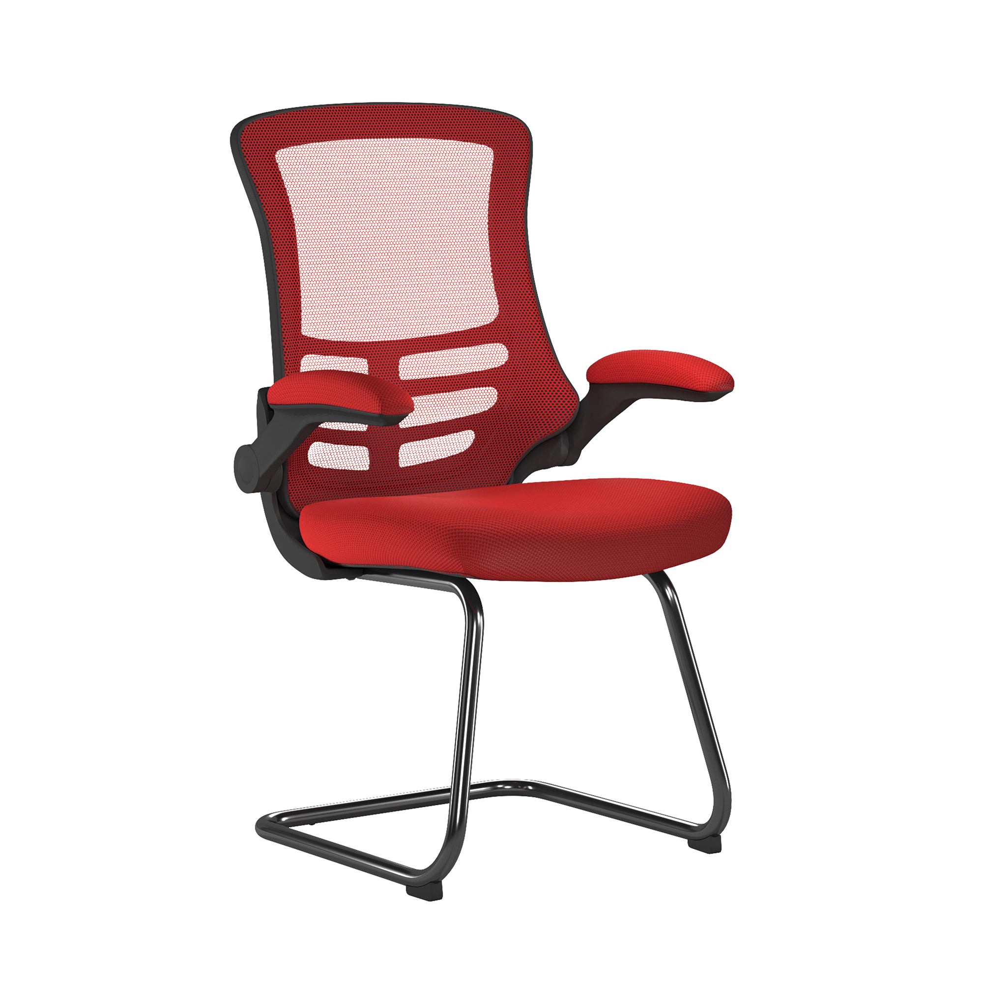 Red office chair with mesh back on a white background