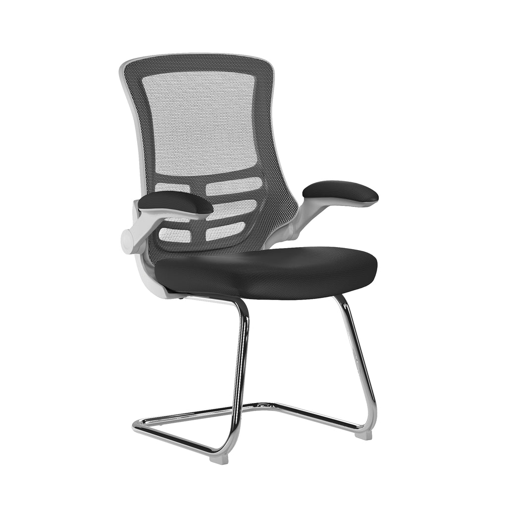 Modern office chair with mesh back and black seat on a white background