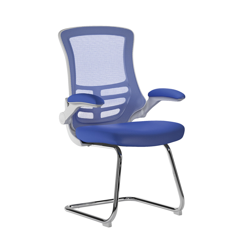 Blue office chair with mesh back on a white background