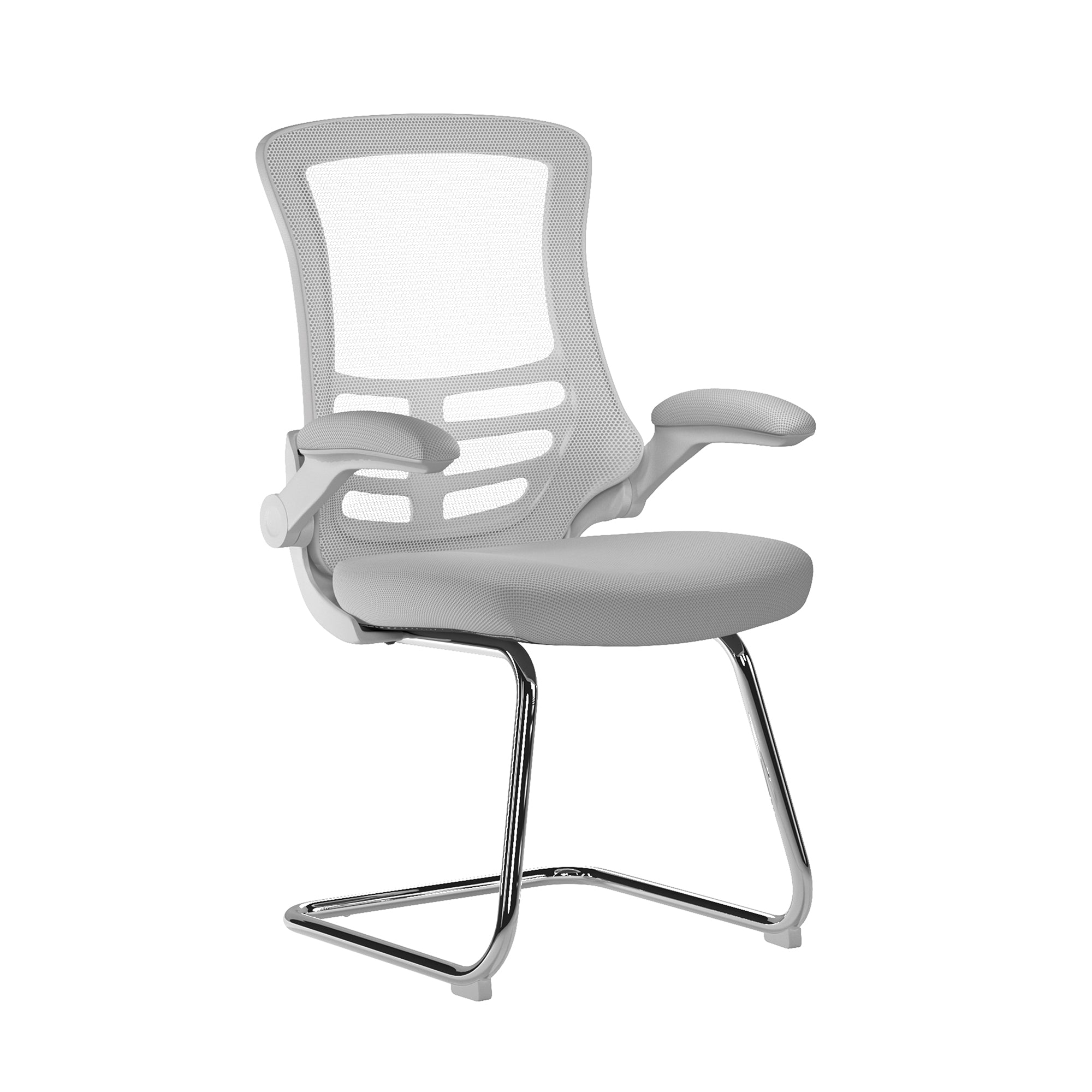 Grey office chair with mesh back and chrome frame on a white background