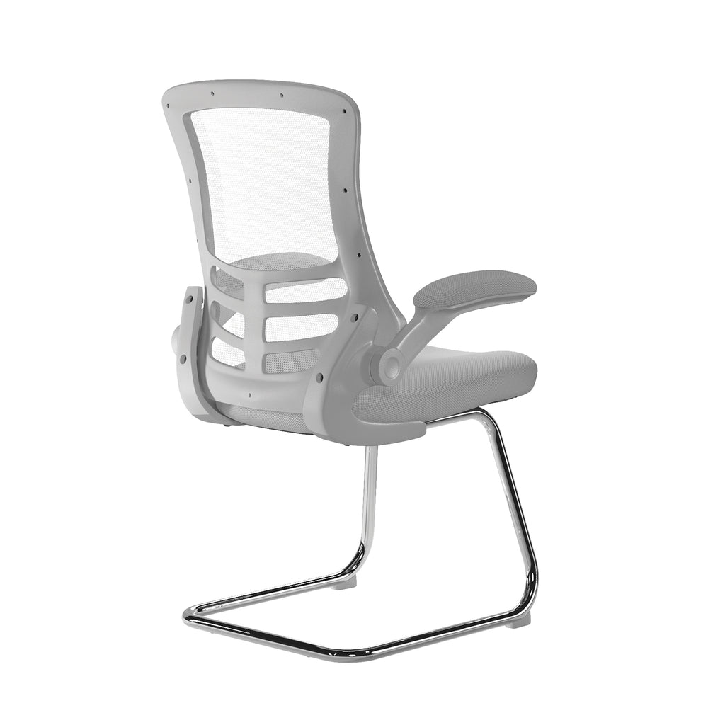 Grey office chair with mesh back and chrome frame on a white background