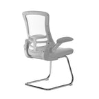 Grey office chair with mesh back and chrome frame on a white background