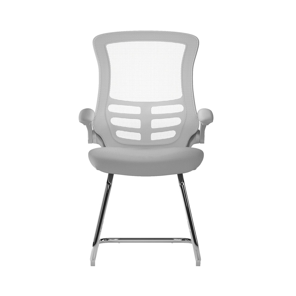 Grey office chair with mesh back and chrome frame on a white background