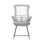 Grey office chair with mesh back and chrome frame on a white background