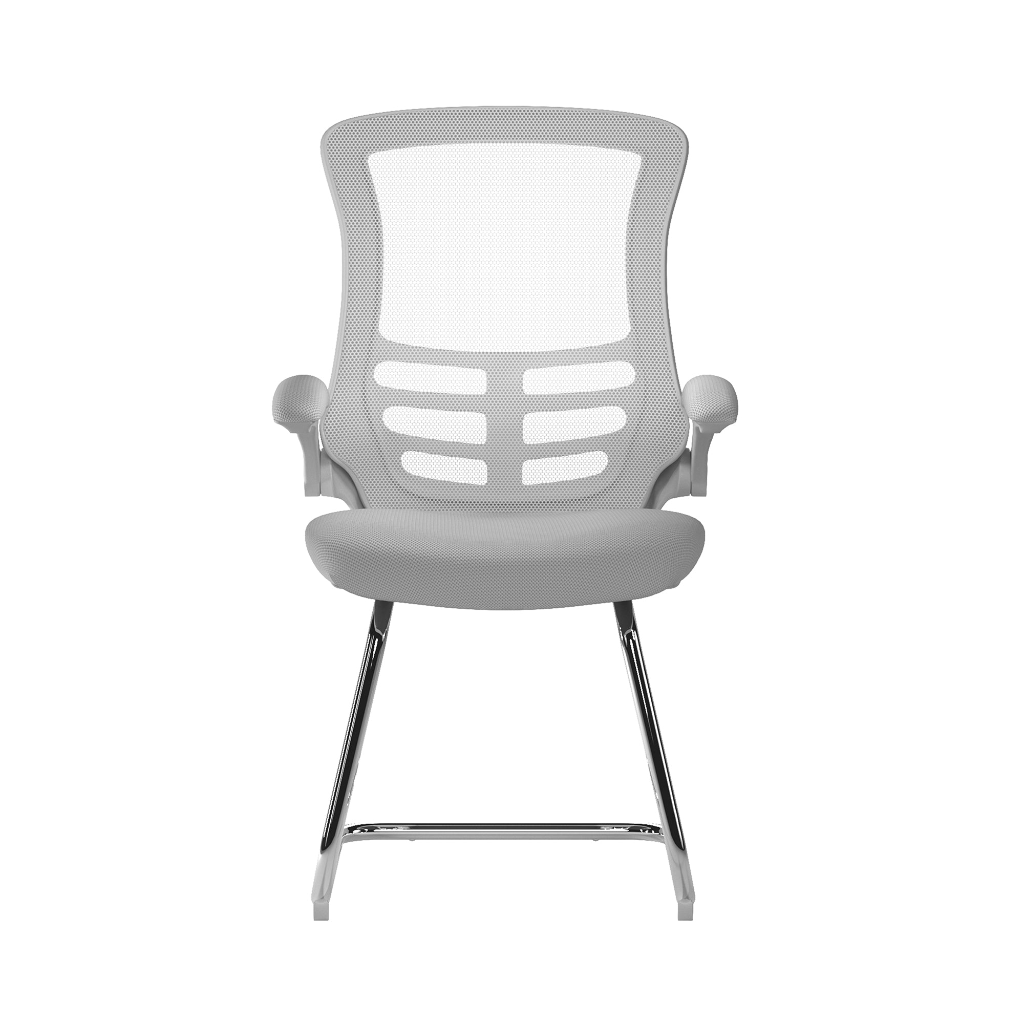 Grey office chair with mesh back and chrome frame on a white background