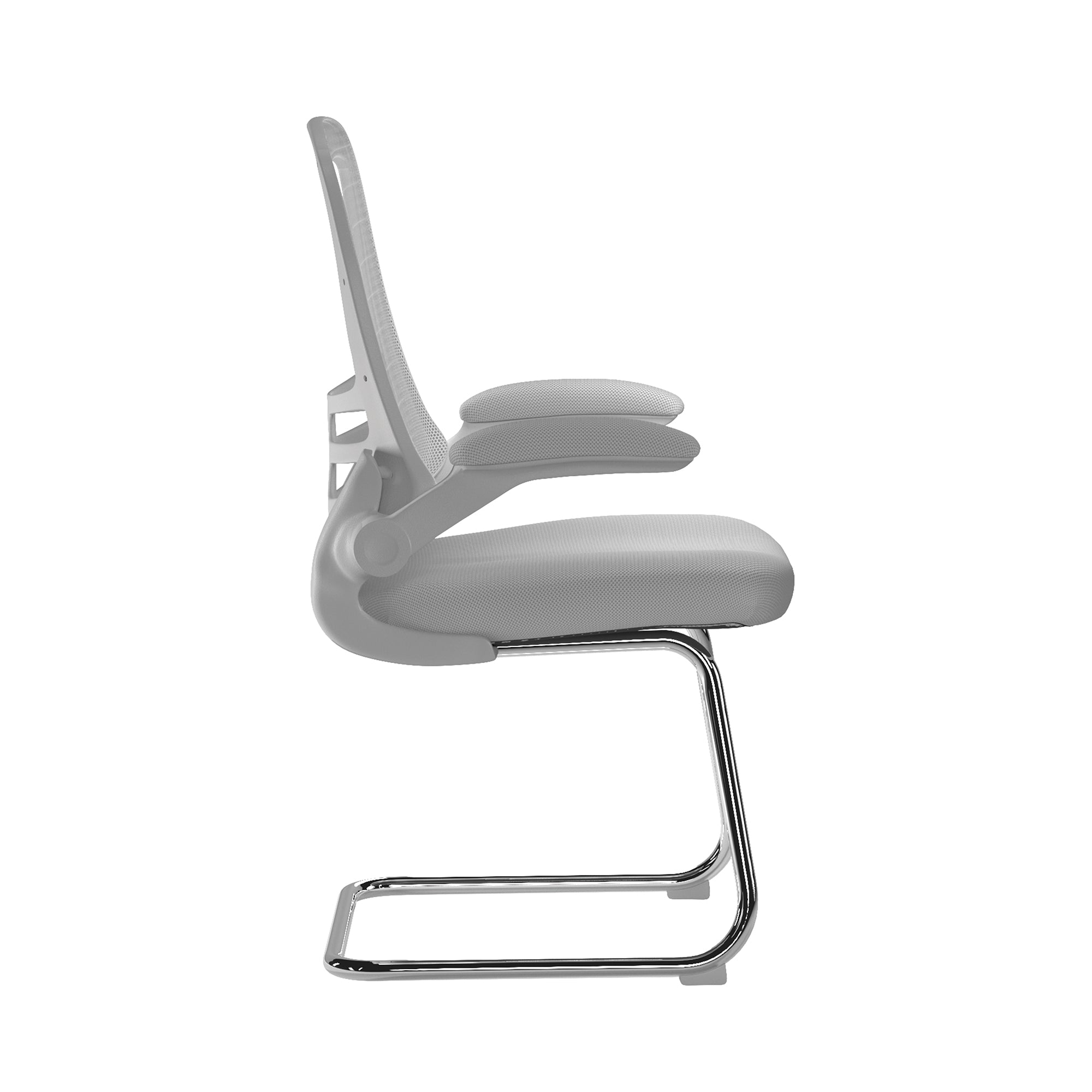 Grey office chair with mesh back and chrome frame on a white background