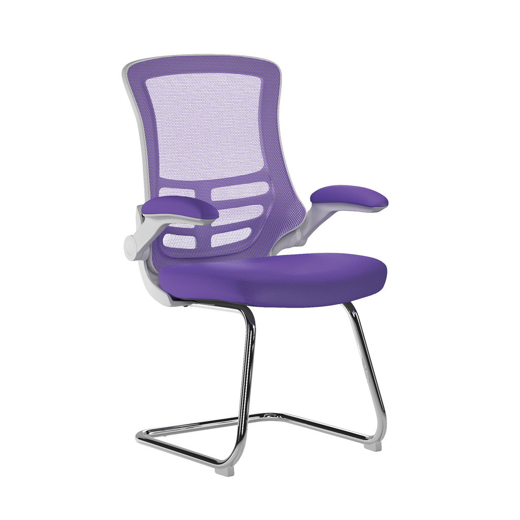 Purple office chair with mesh back on a white background