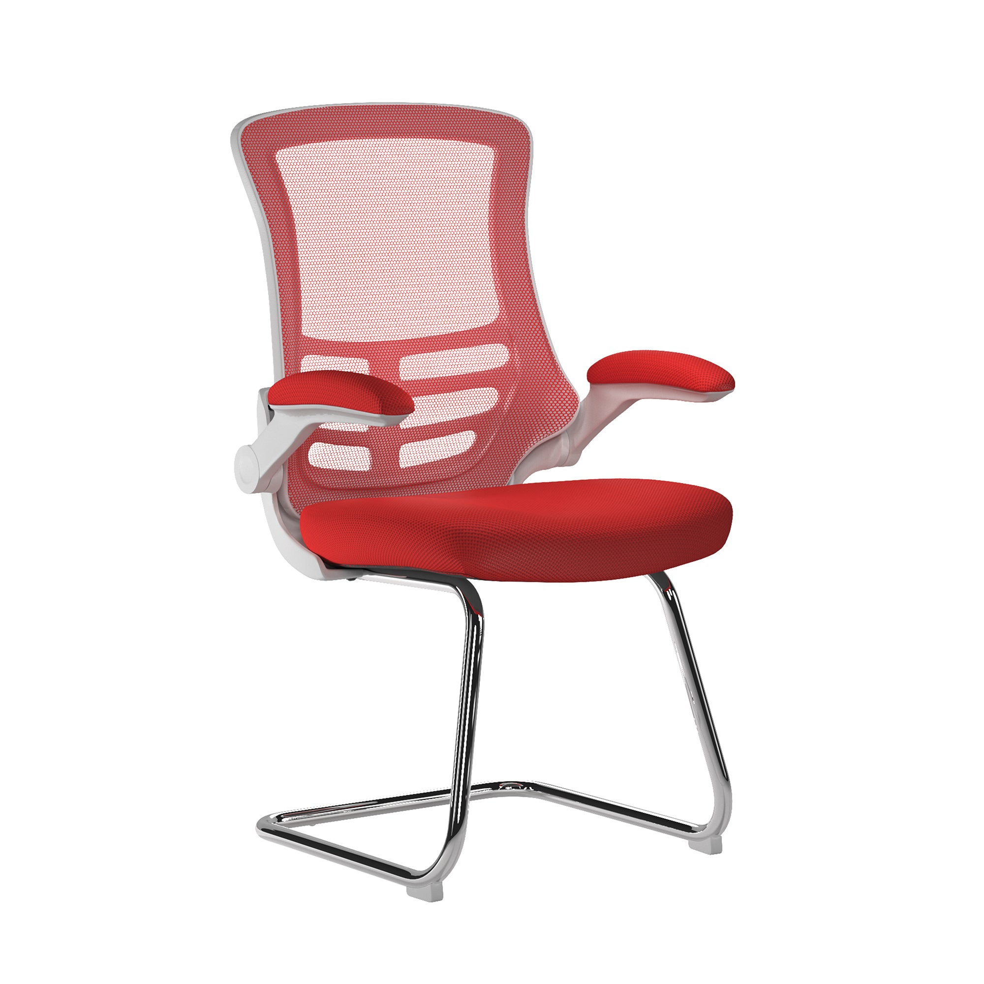 Red office chair with mesh back on a white background