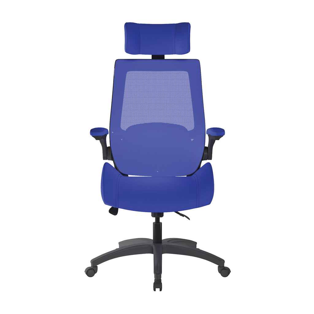 Blue office chair with headrest on a white background