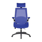 Blue office chair with headrest on a white background