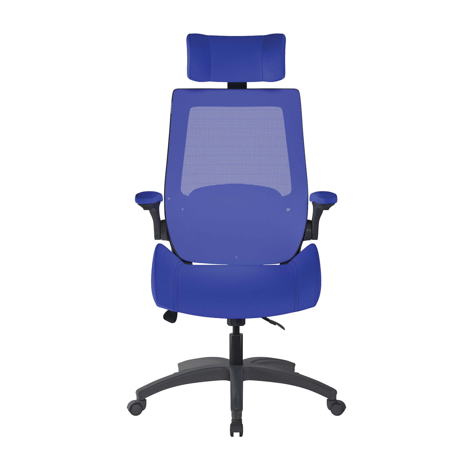 Blue office chair with headrest on a white background