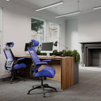 Modern office setup with wooden desk, computer monitors, and blue ergonomic chairs.