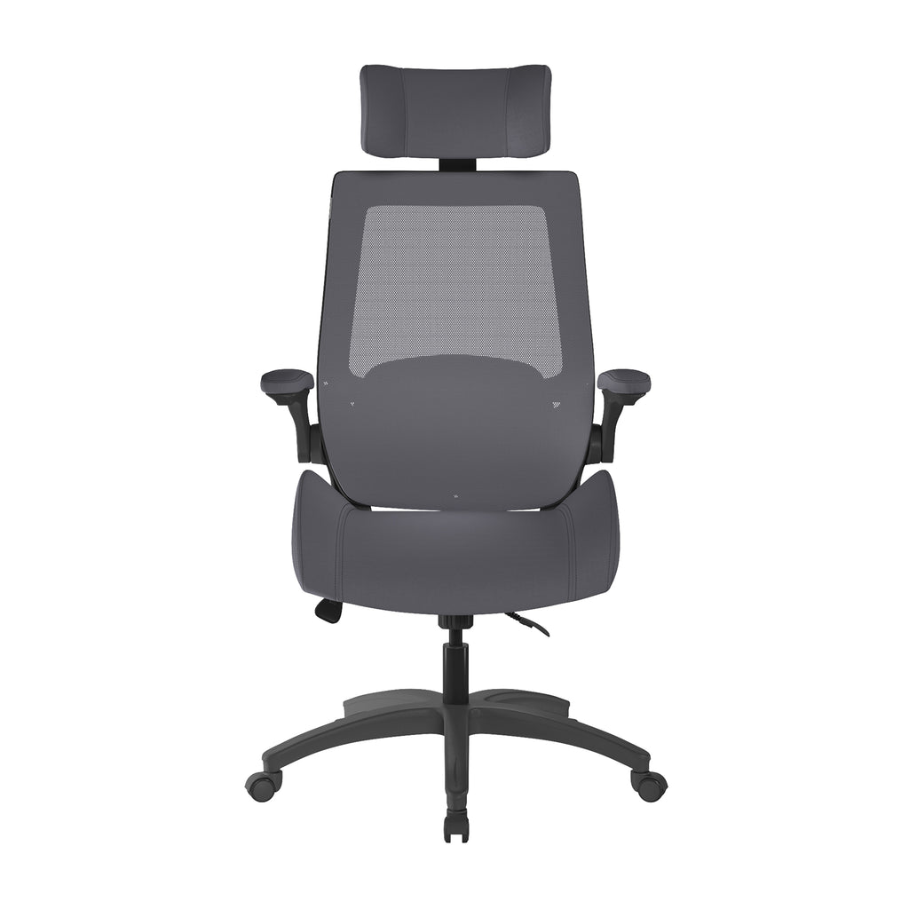 Gray office chair with headrest on a white background