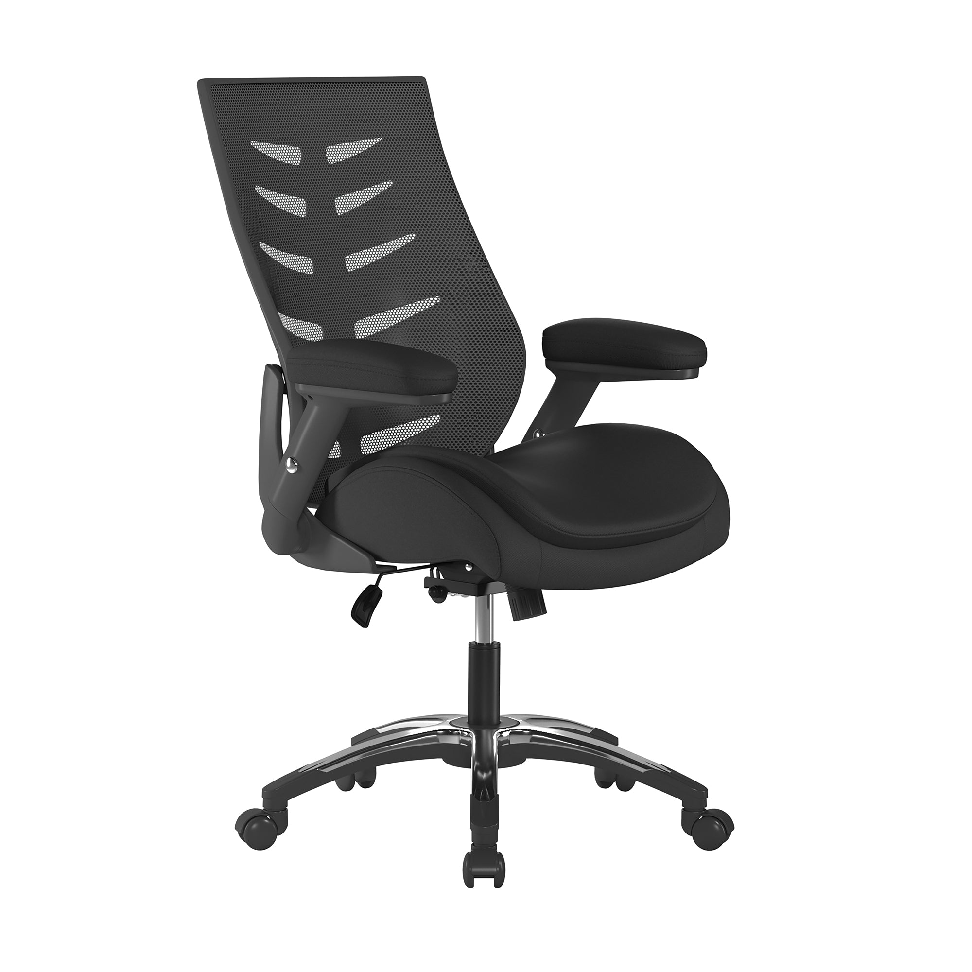 Black office chair with mesh back on a white background