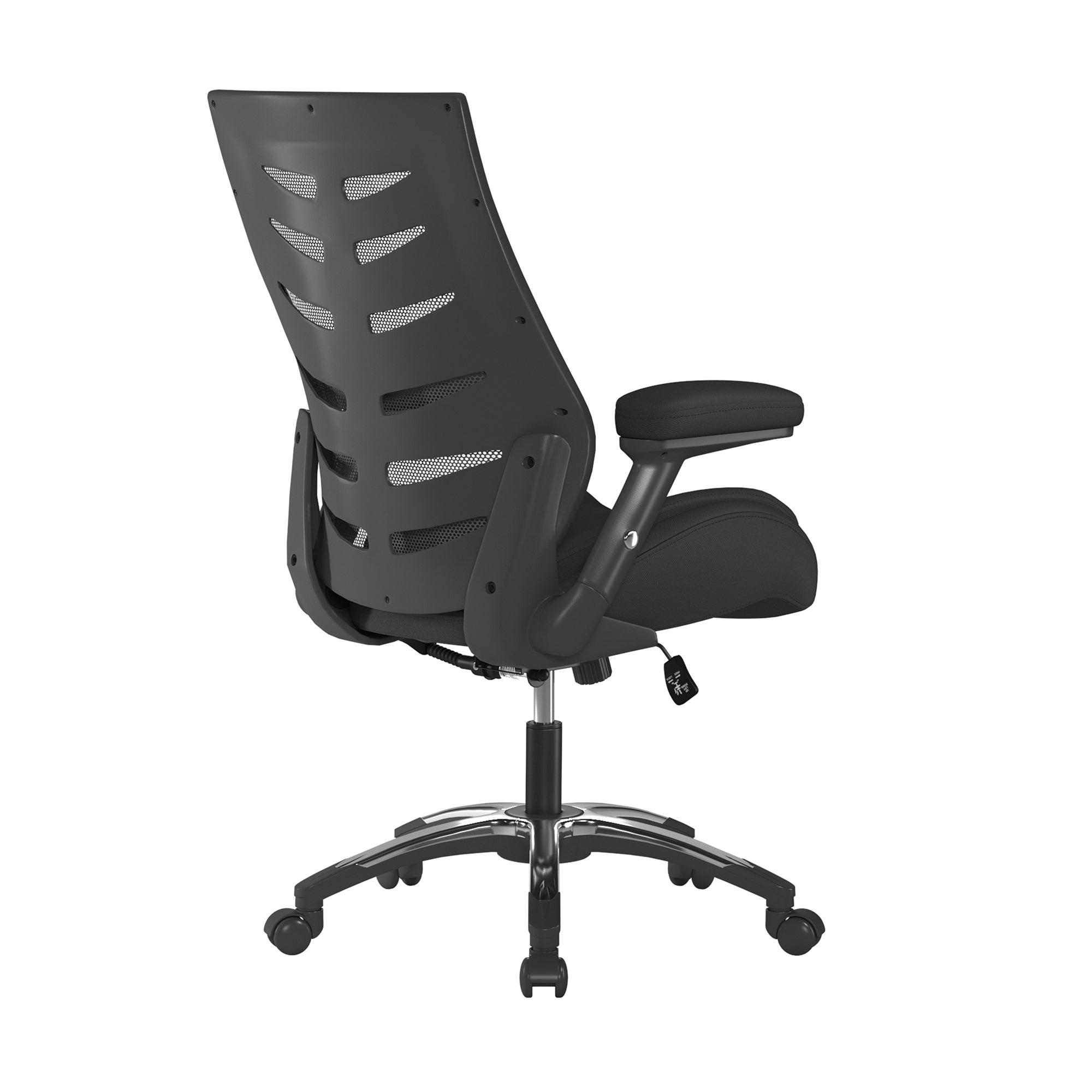 Black office chair with ergonomic design on a white background