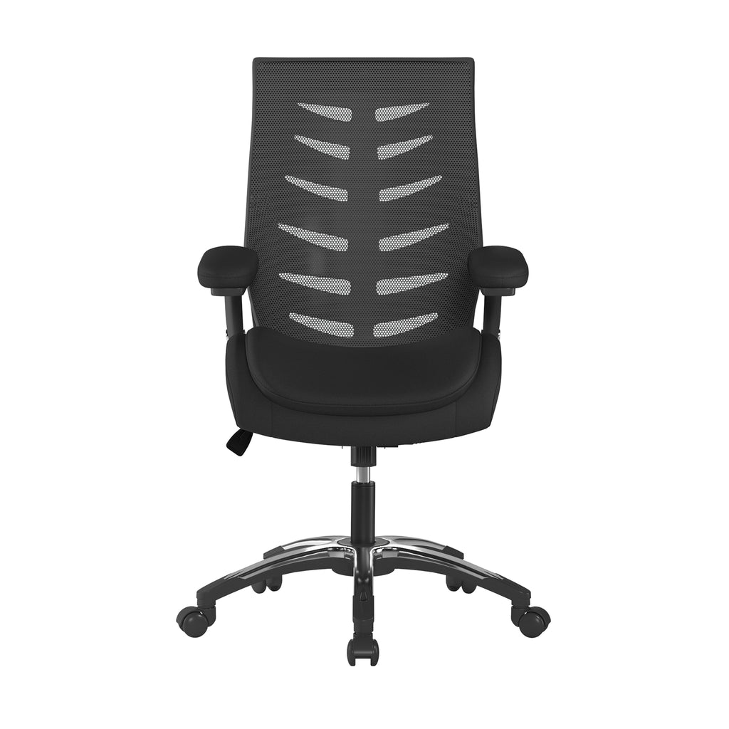 Black office chair with mesh back on a white background