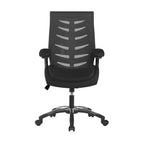 Black office chair with mesh back on a white background