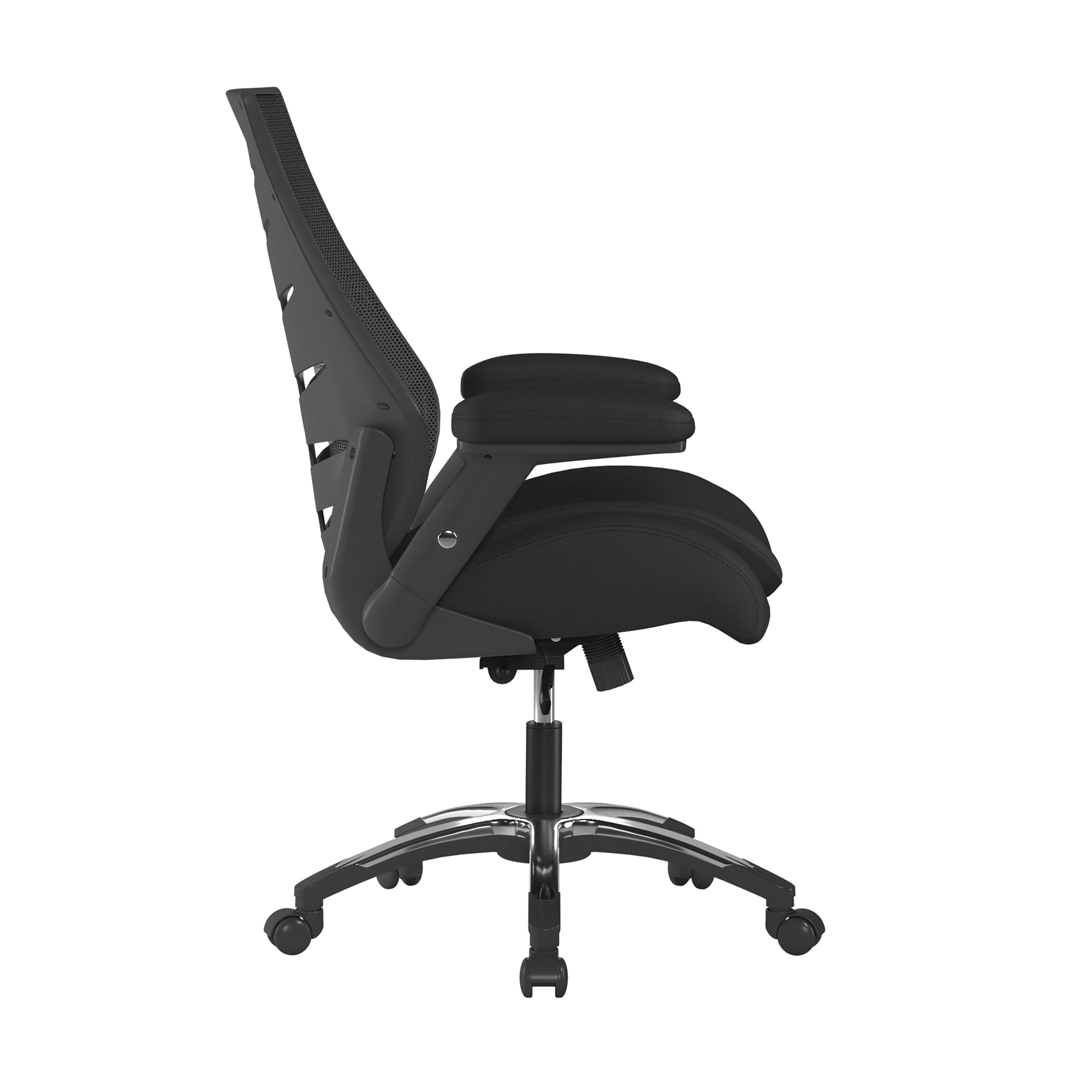 Black office chair with ergonomic design on a white background