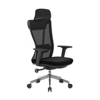 Black office chair with mesh backrest on a white background
