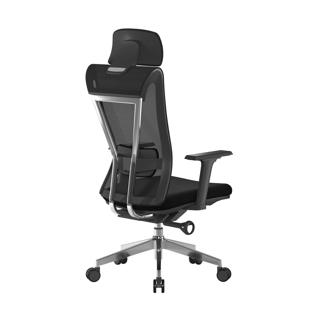Black office chair with mesh backrest on a white background