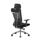 Black office chair with mesh backrest on a white background