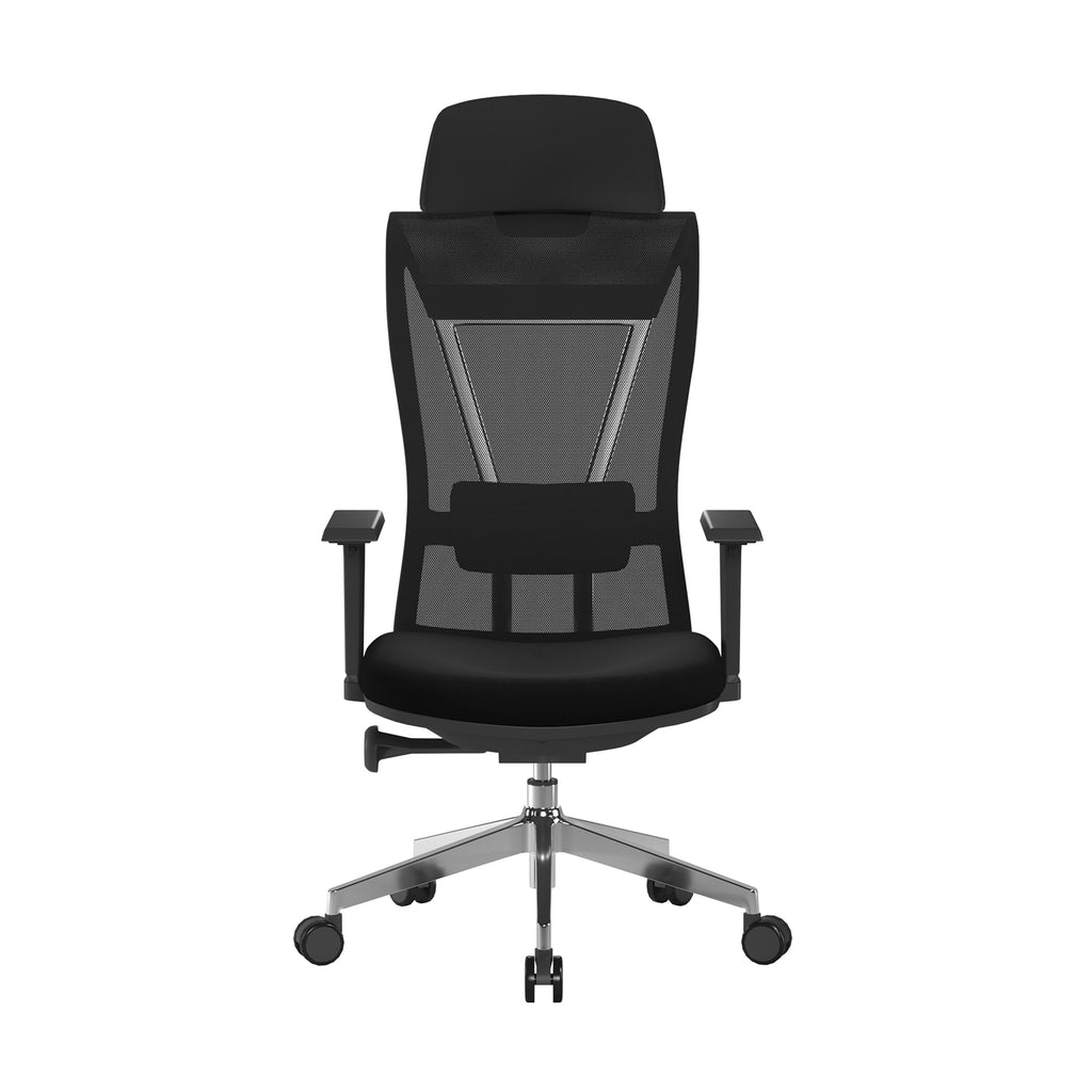 Black office chair with mesh backrest on a white background