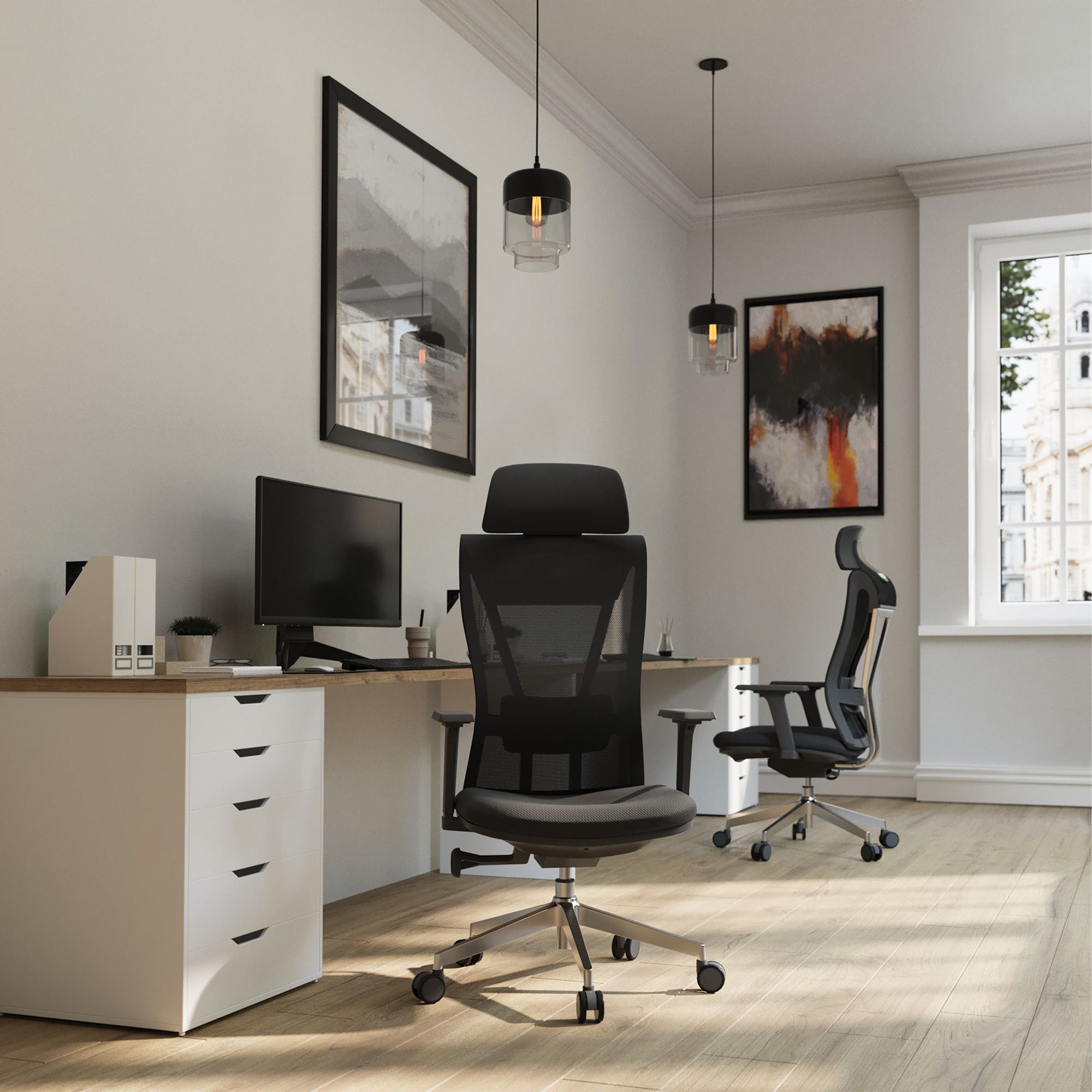 Modern office setup with a desk, chairs, and decor.