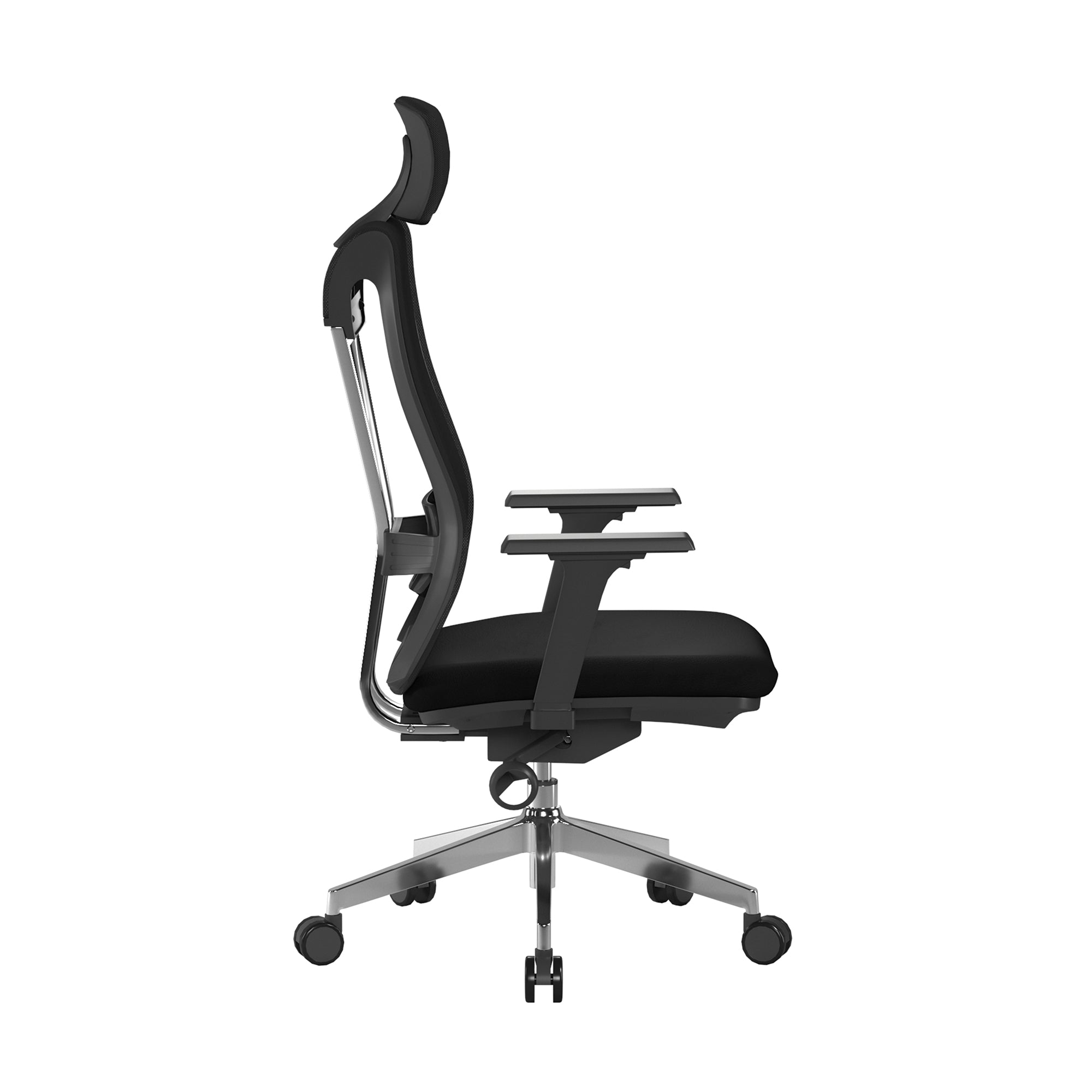 Black office chair with adjustable headrest and armrests on a white background