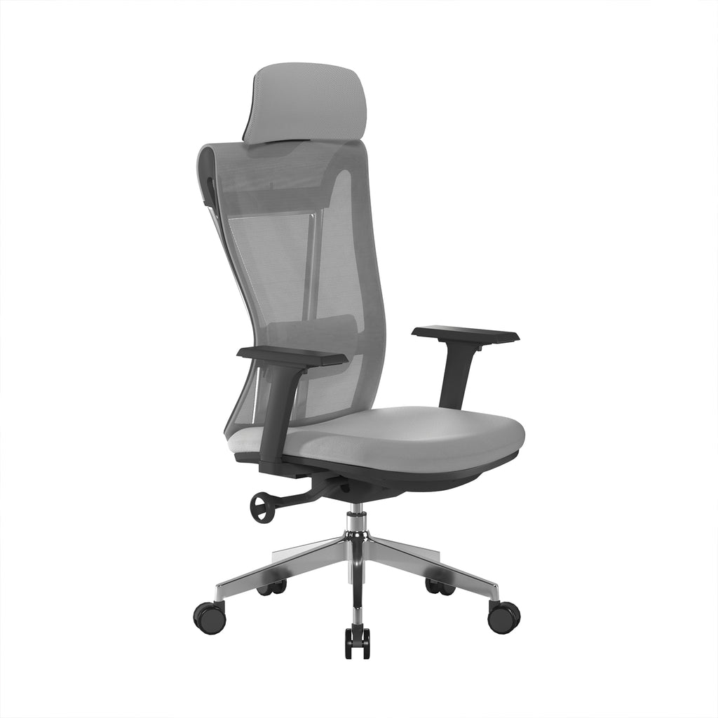Grey office chair with mesh back and adjustable armrests on a white background