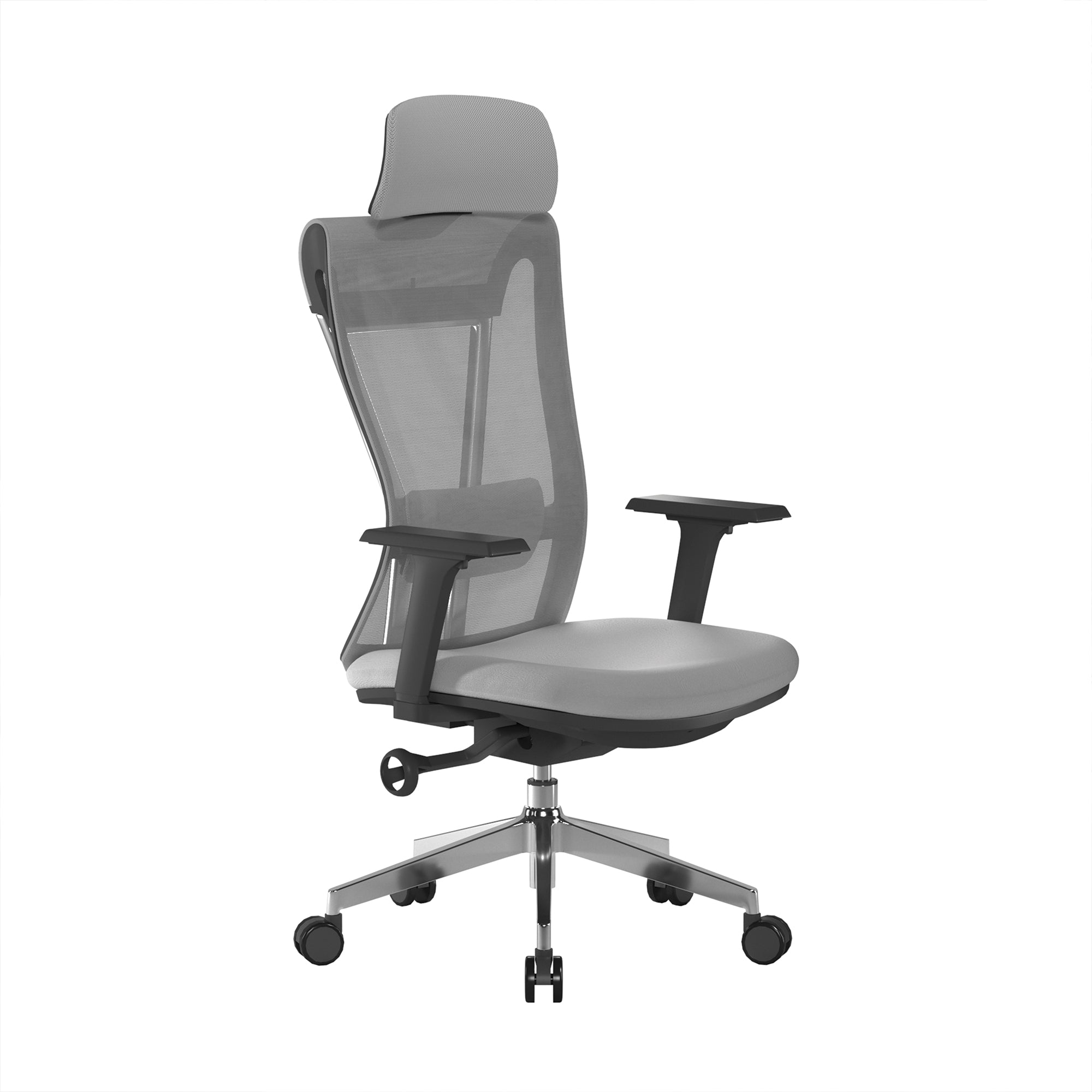 Grey office chair with mesh back and adjustable armrests on a white background